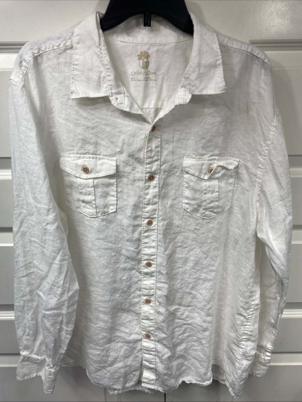Ocean & Coast SHIRT  100% Linen WHITE Roll-Tab Sleeve Button Up Pocket XL Extra